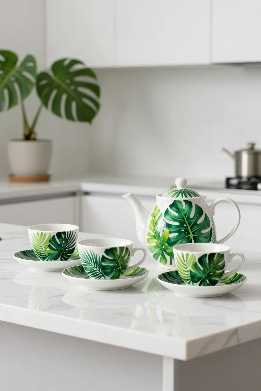 A white ceramic tea set painted with vibrant green tropical monstera leaves on a marble counter.