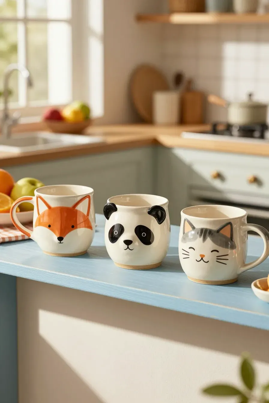 Three hand-painted mugs featuring fox, panda, and cat faces on a blue wooden shelf.