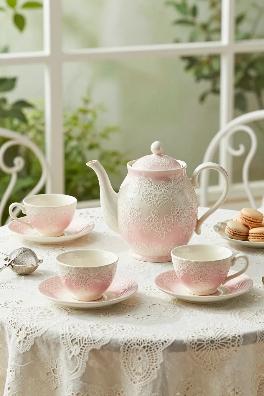 A dusty rose and cream tea set with intricate lace textures on a white iron table.