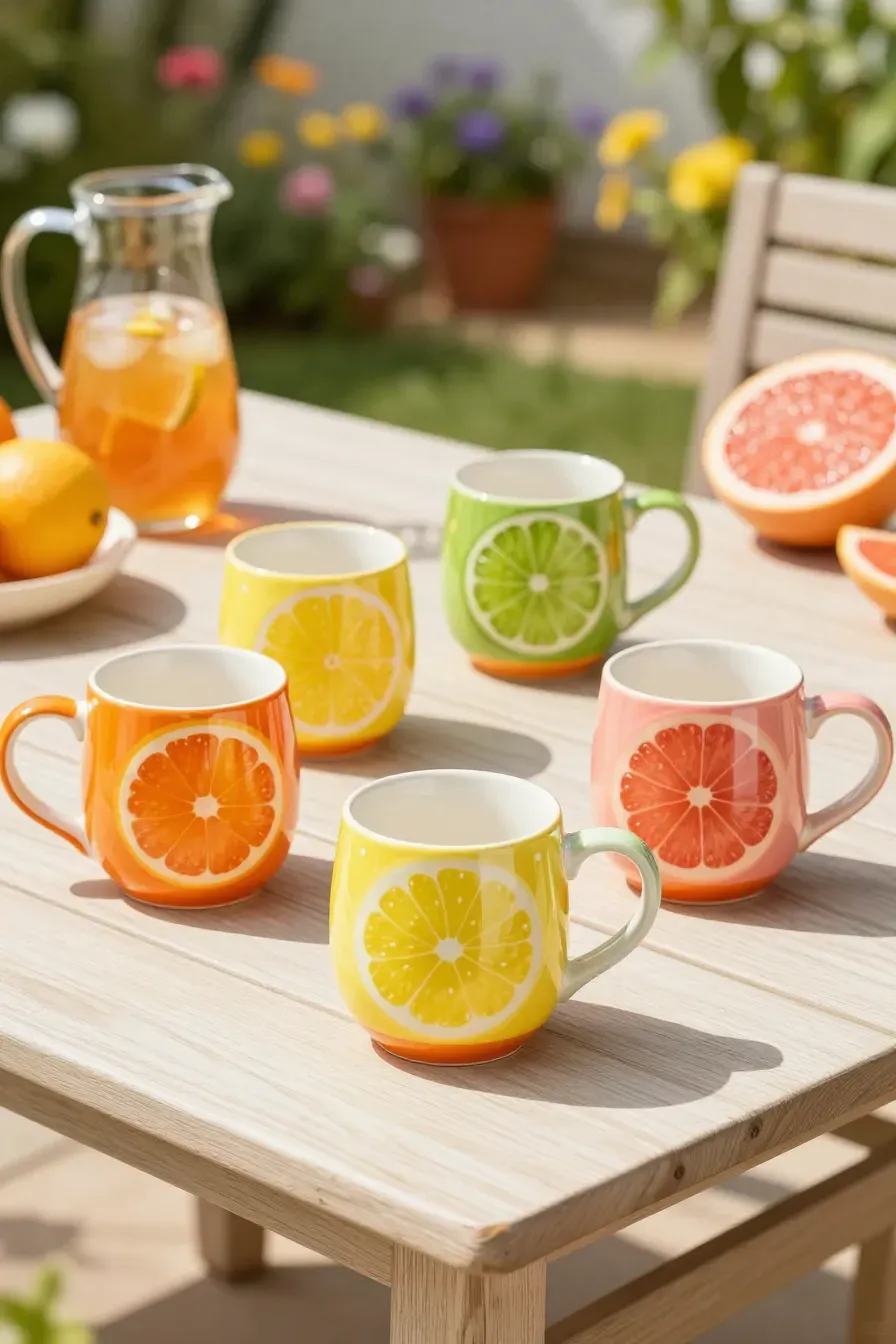 Vibrant mugs painted like orange and lemon slices on a sunny outdoor patio table.