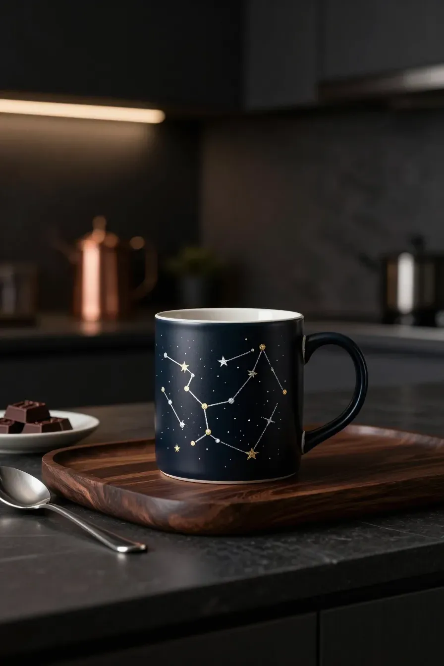 A midnight black mug with silver and gold painted constellations on a dark wooden tray.