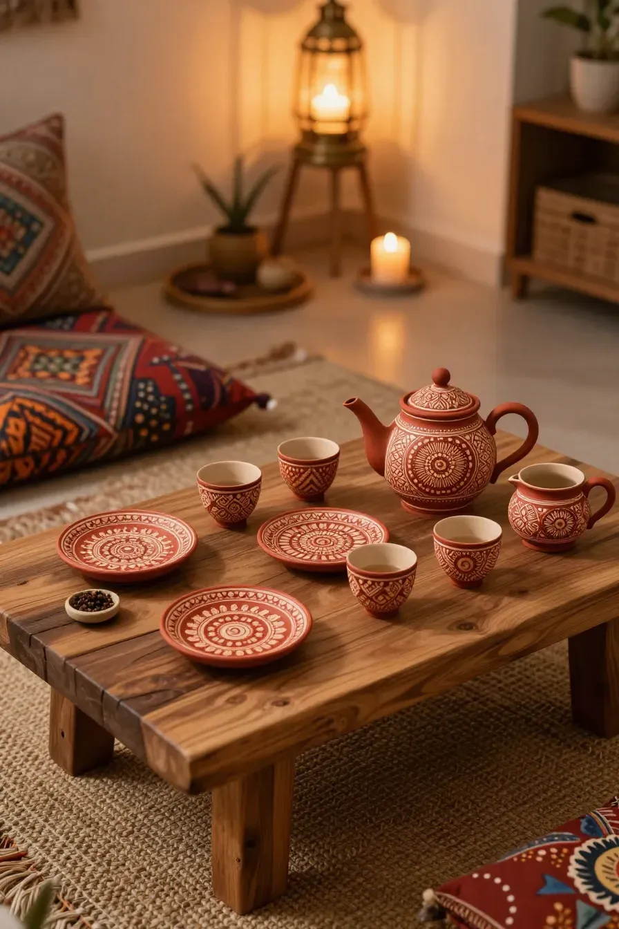 A beige tea set with intricate terracotta-red mandala patterns on a carved wood table.