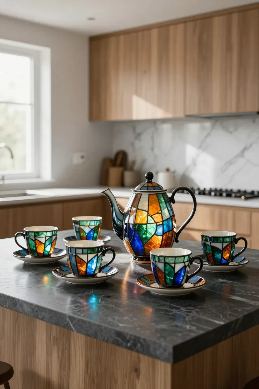 A hand-painted pottery tea set with stained-glass style geometric patterns on a slate island.