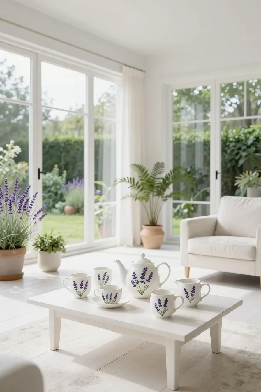 A delicate lavender-painted tea set on a white table in a bright, airy sunroom.