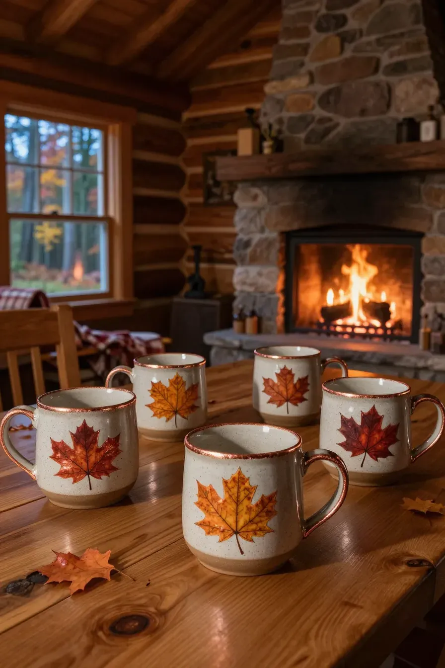 Hand-painted autumn leaf mugs with copper edges on a wooden table in a cozy cabin.