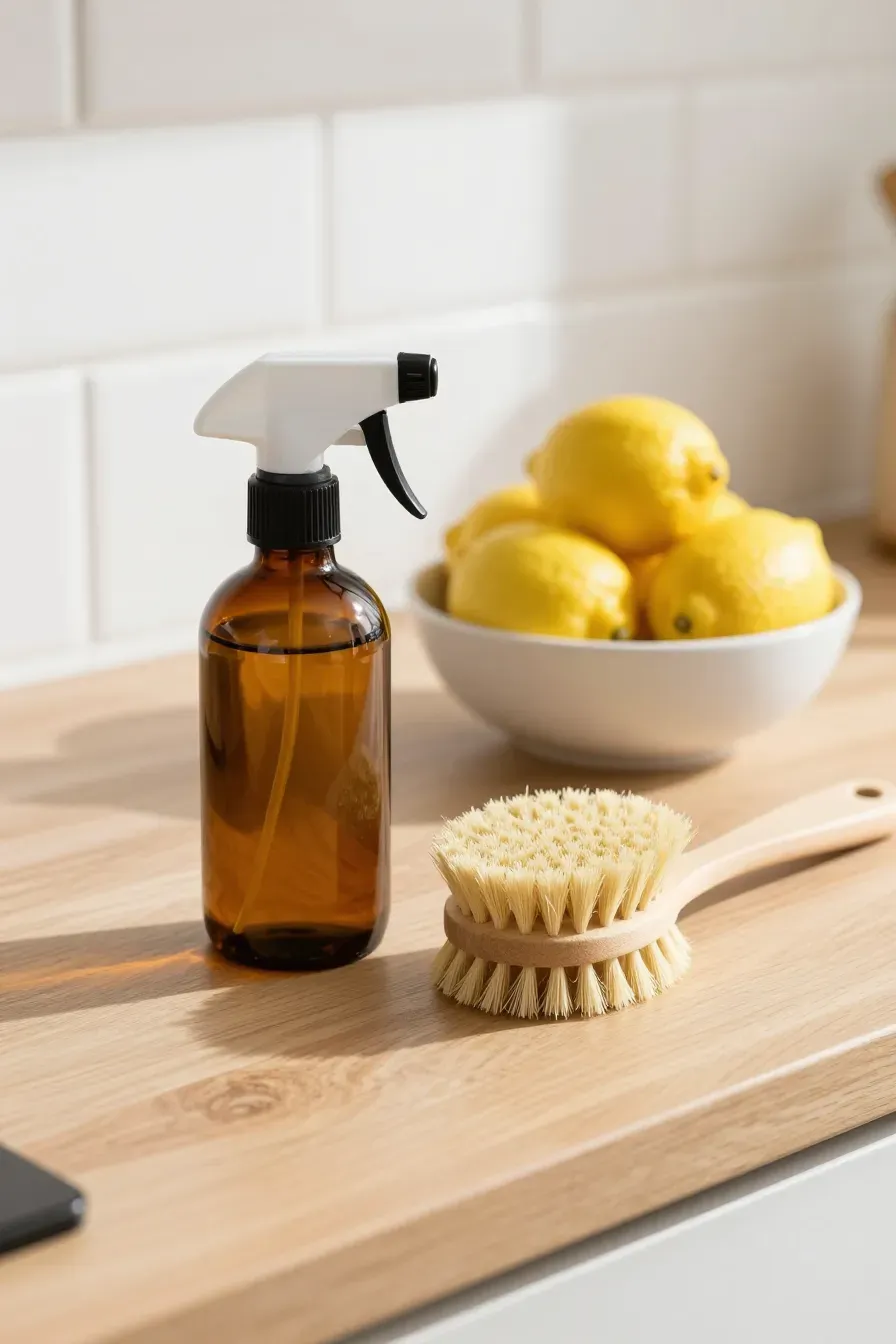 A close-up of an amber glass bottle and bamboo brush on a sunlit kitchen counter.