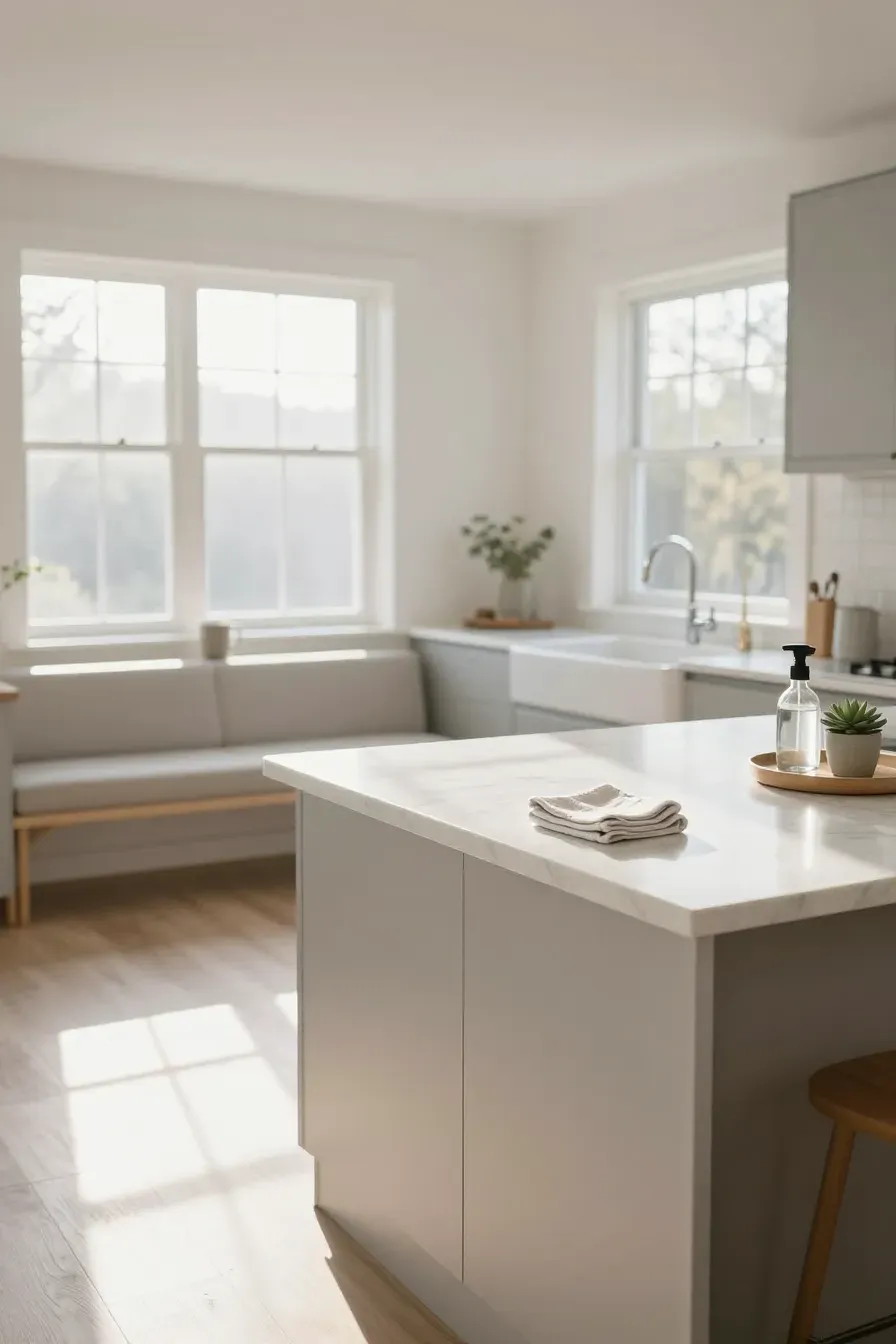 A bright, clean modern kitchen with marble counters and morning sunlight, showing a tidy environment.