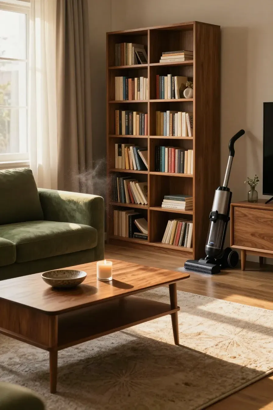 A tidy living room with a dusted bookshelf and clean coffee table in warm afternoon light.