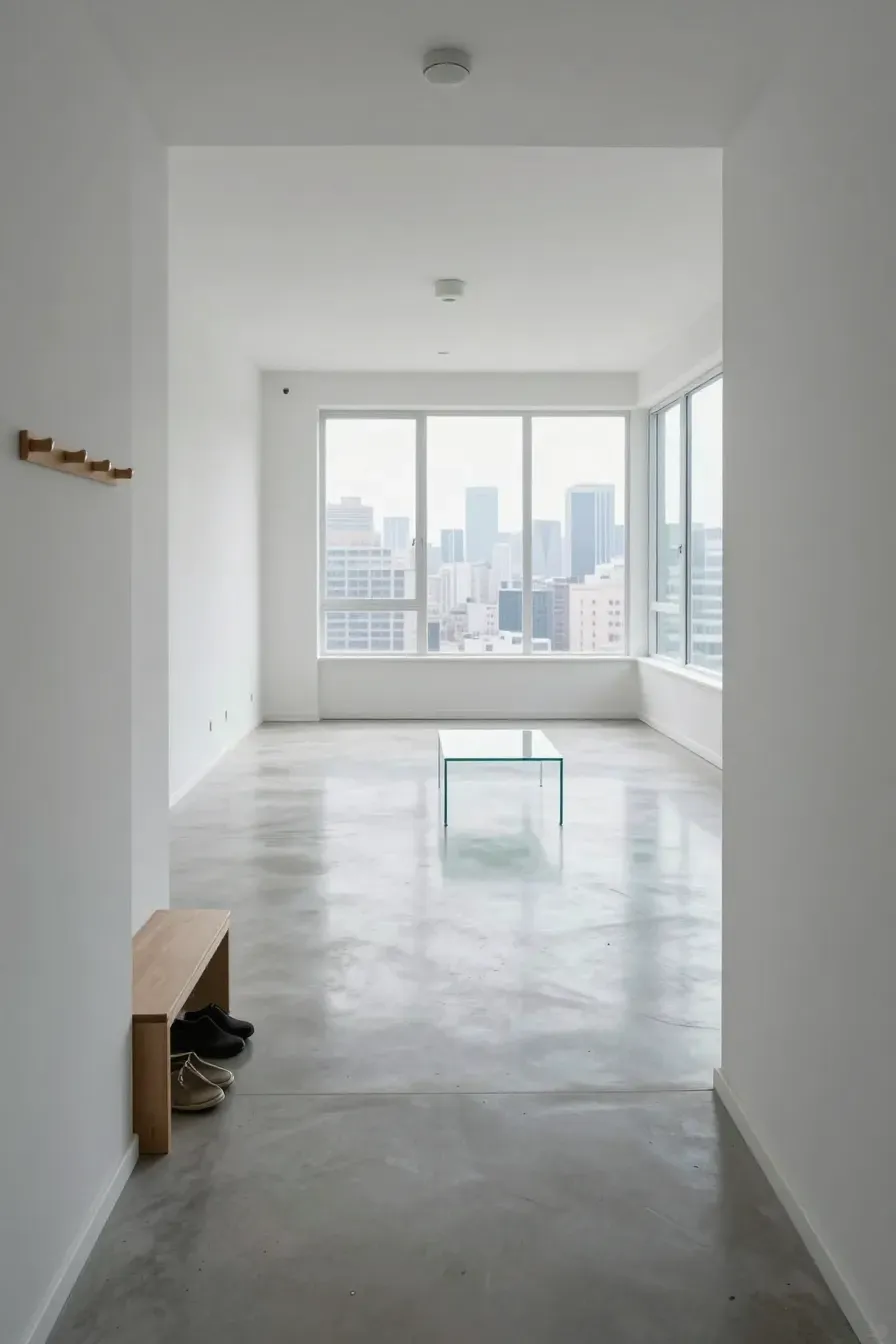 A minimalist and clean studio apartment with clear floors and a tidy entryway.