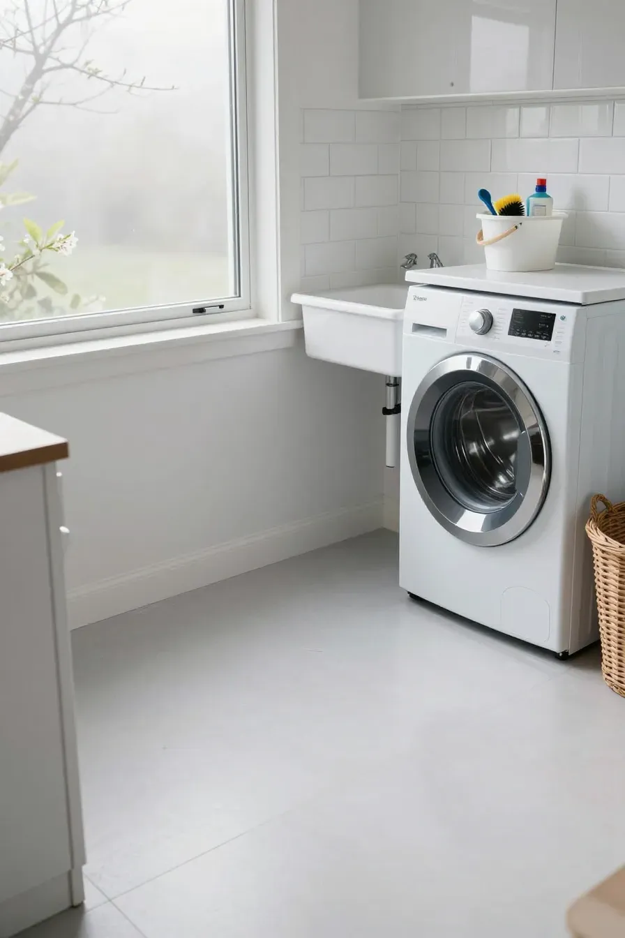 A clean utility room with spotless baseboards and open windows during a seasonal deep clean.