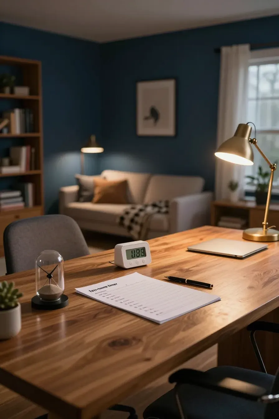 A tidy home office desk with a cleaning checklist and a timer, ready for a quick cleaning session.