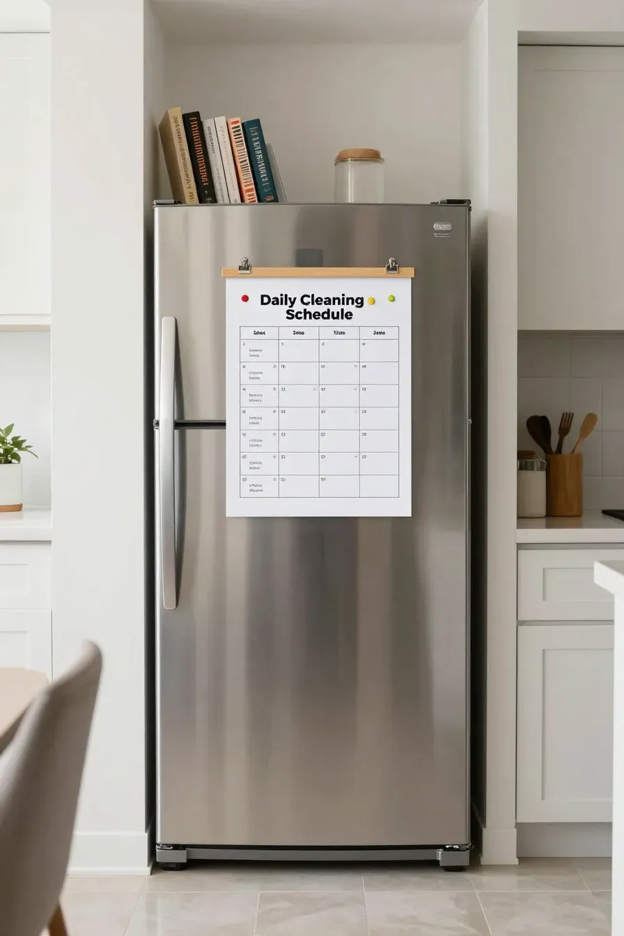 A printed cleaning schedule on a stainless steel refrigerator in a bright, organized kitchen.