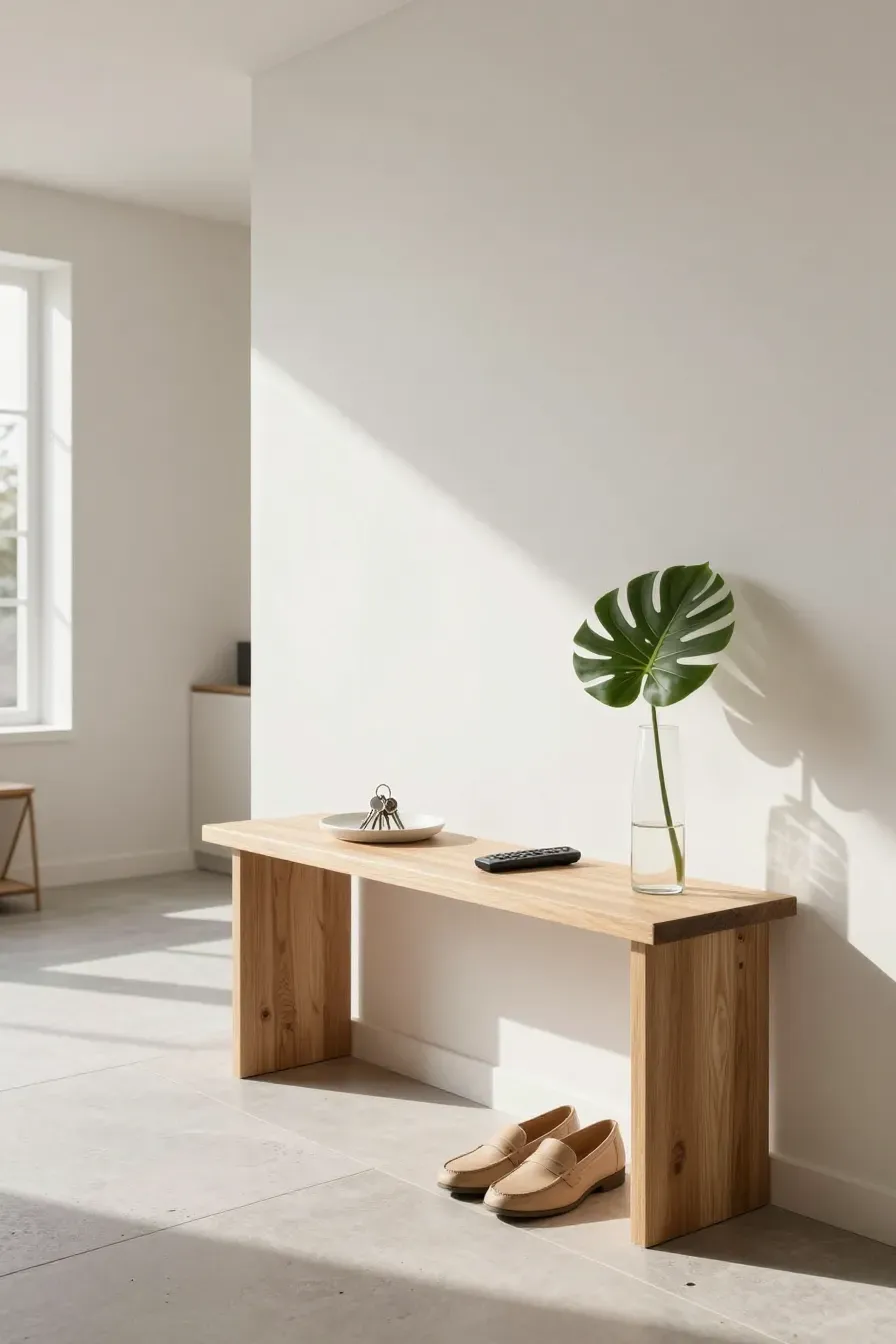 A clean, sunlit entryway with keys in a tray on a wooden console and shoes neatly tucked underneath.