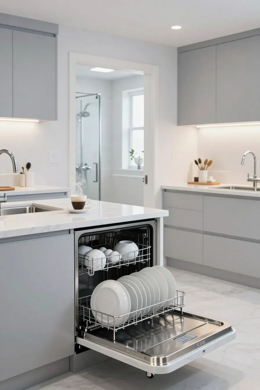 A sparkling clean kitchen with an empty sink and a glimpse into an organized, modern bathroom.