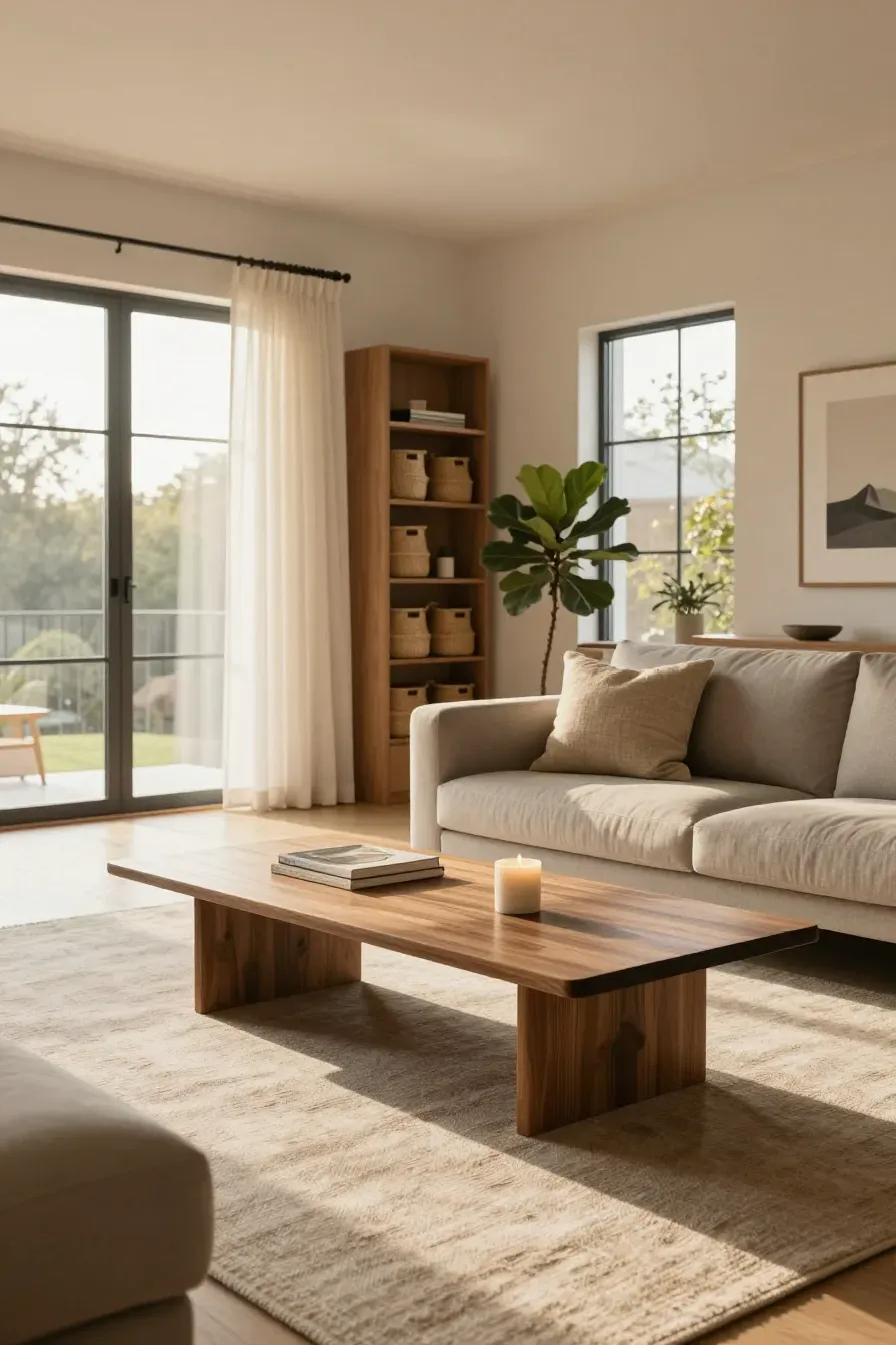 A wide view of a spacious, decluttered living room with clear surfaces and organized shelving.