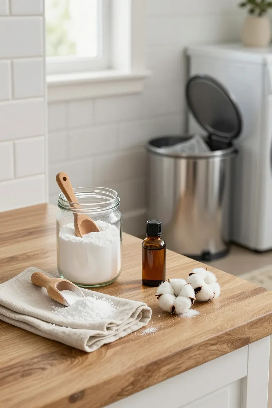 Natural cleaning supplies like baking soda and essential oils on a bright utility room counter.