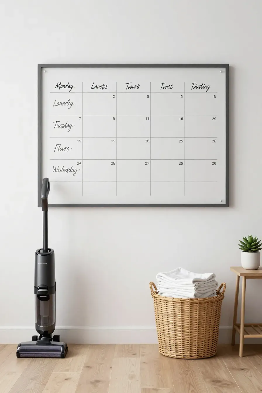 A weekly cleaning schedule on a glass board in a tidy, modern home setting.