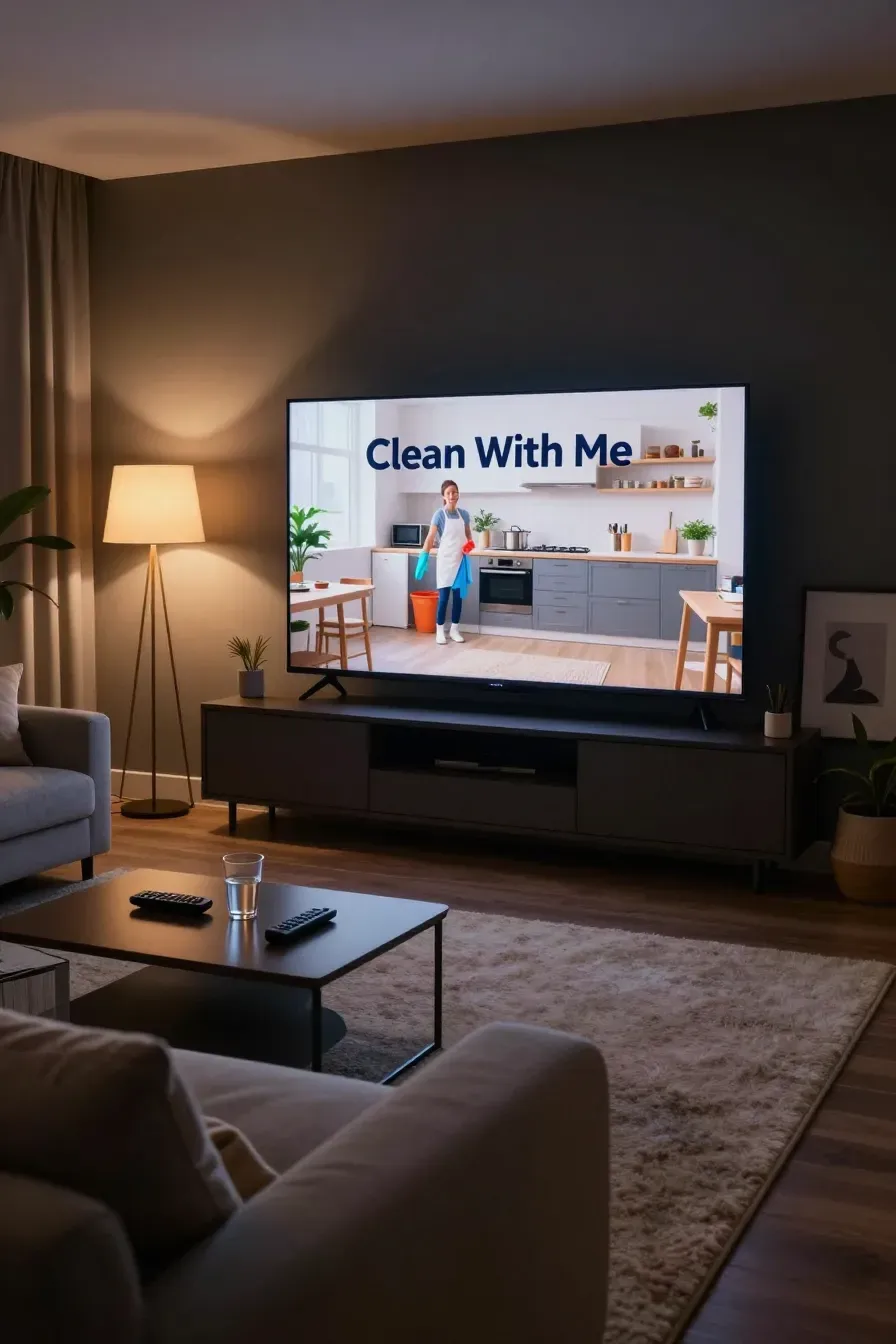 A cozy living room with a 'Clean With Me' video playing on a large TV screen for motivation.