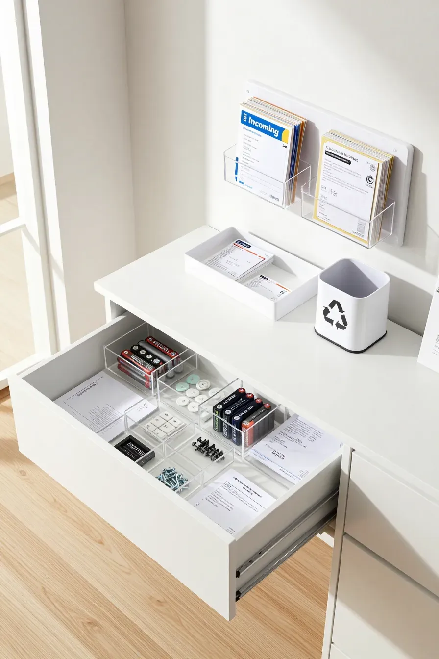 An organized mail station and a drawer with clear dividers for small household items.