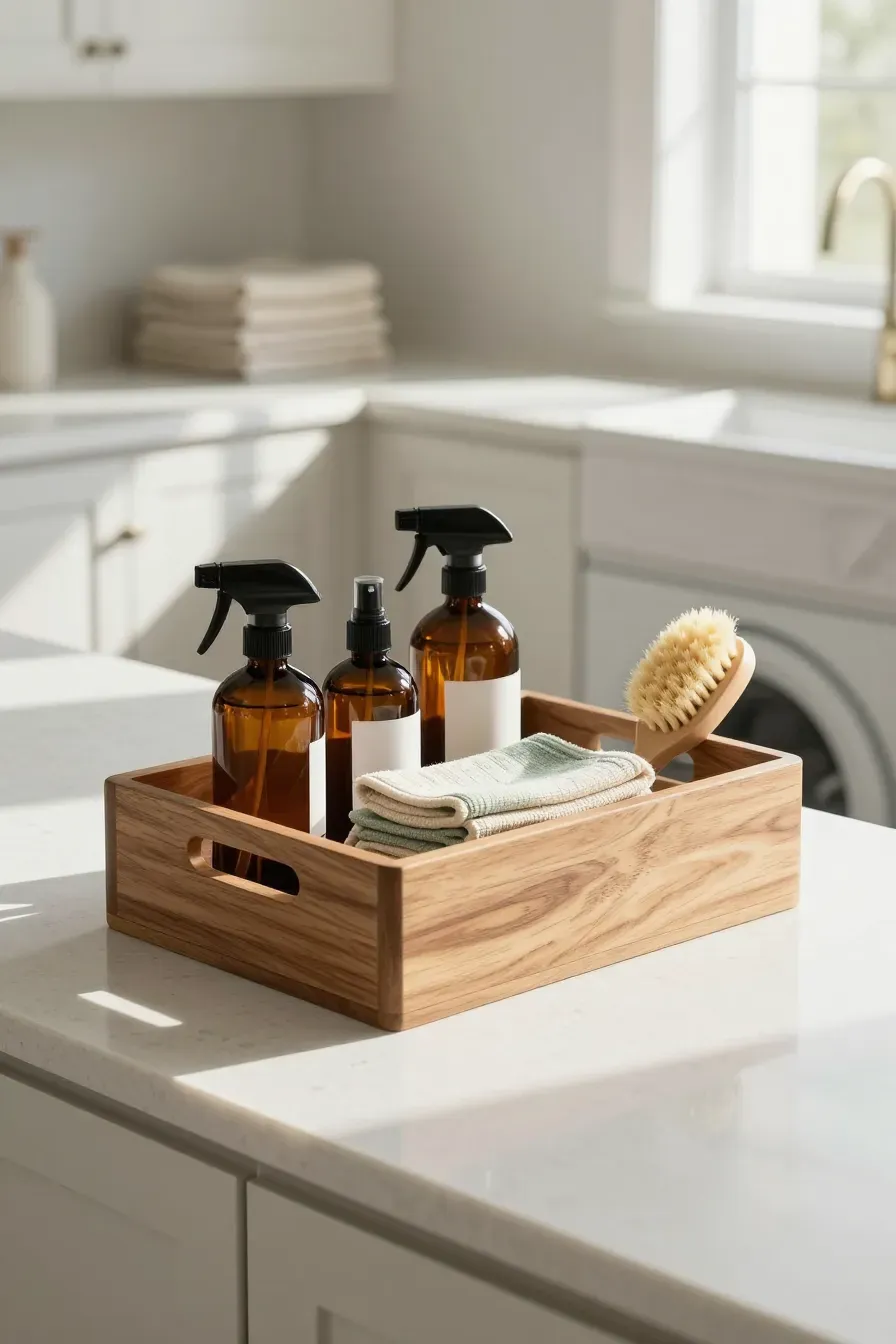 A wooden cleaning caddy with amber glass bottles and sage green cloths on a white countertop.