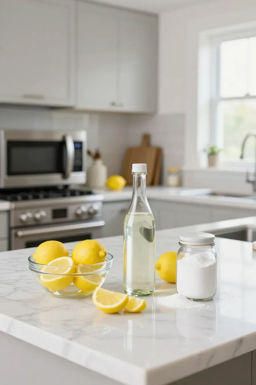 Fresh lemons, a bottle of vinegar, and baking soda arranged on a white marble kitchen island.