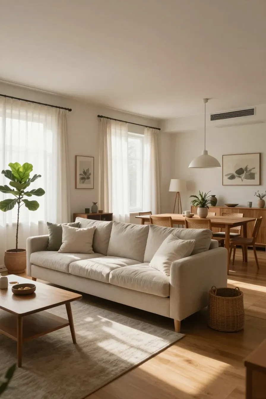 A wide, sunlit living room with clean lines, wooden floors, and a peaceful, orderly atmosphere.