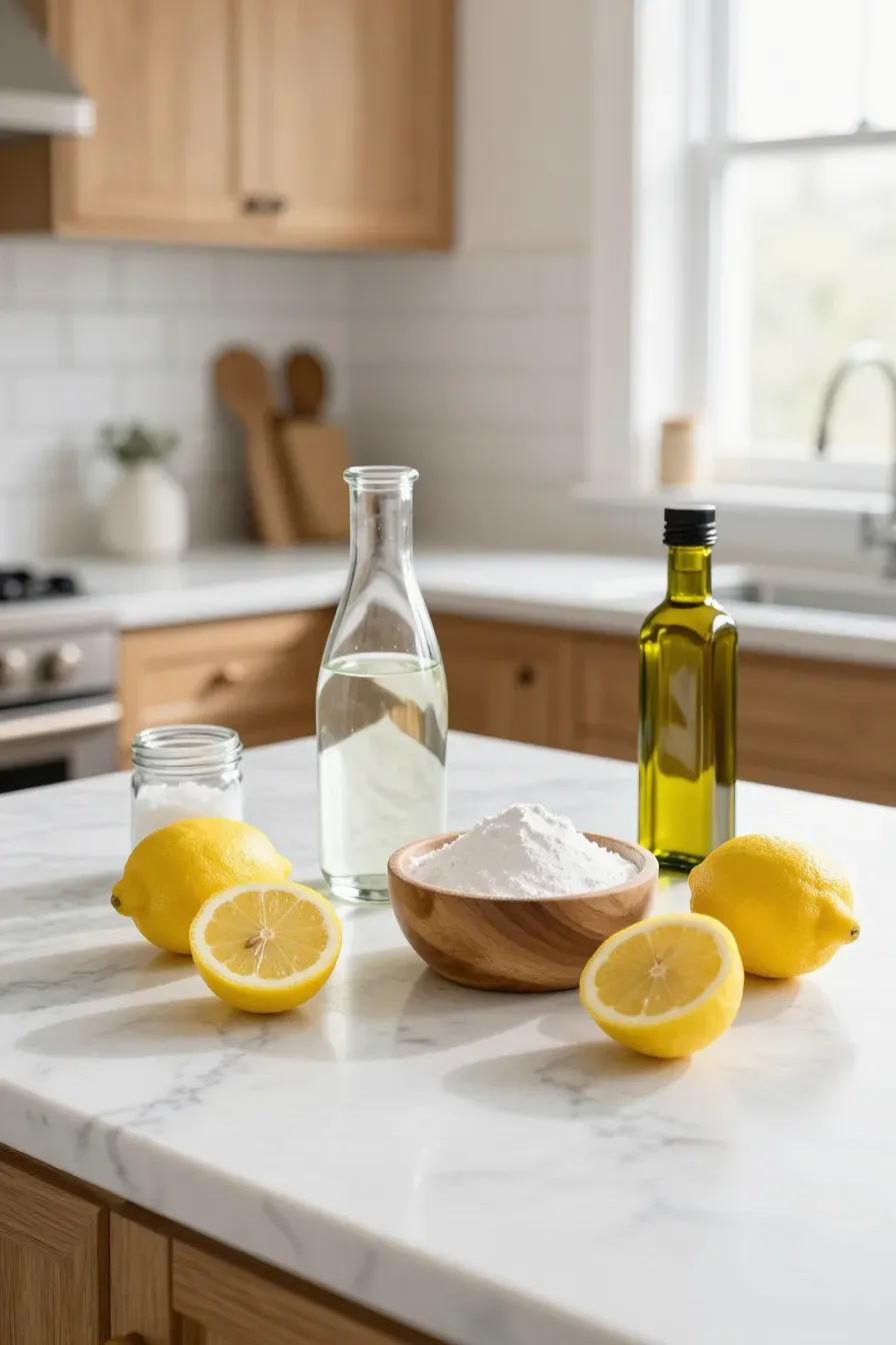 Lemons, baking soda, and vinegar arranged on a marble kitchen counter in bright sunlight.