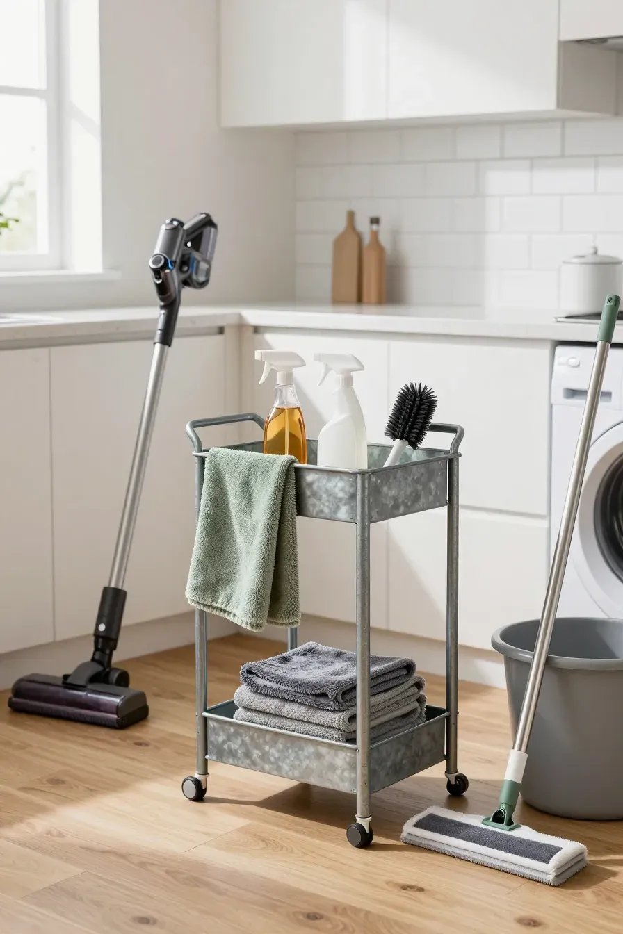 A metal cleaning caddy with spray bottles and microfiber cloths on a counter next to a vacuum.