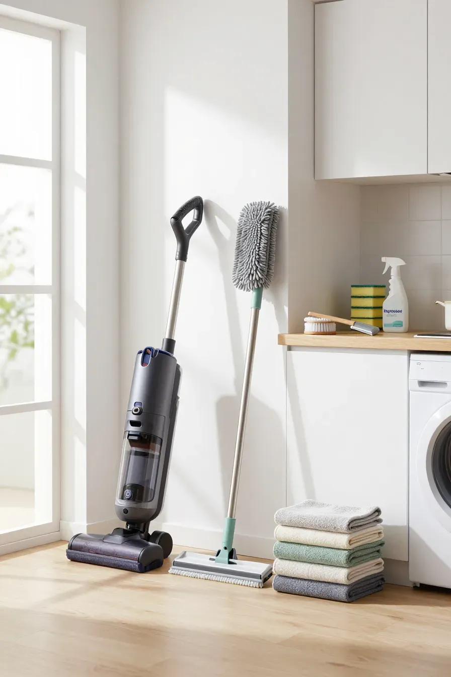 A bright utility room featuring a cordless vacuum, microfiber mop, and organized cleaning supplies.