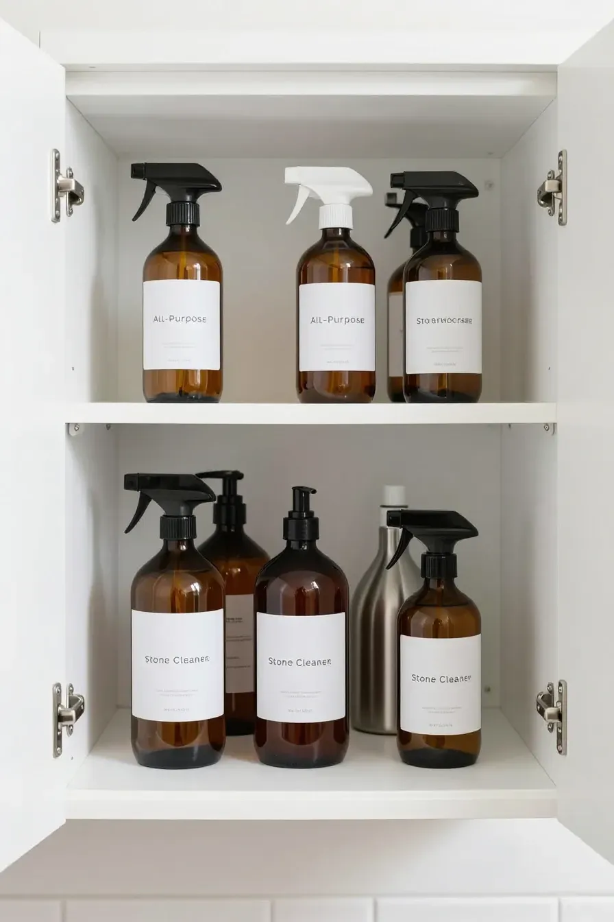 Neatly arranged amber glass cleaning bottles in a white minimalist storage cabinet.