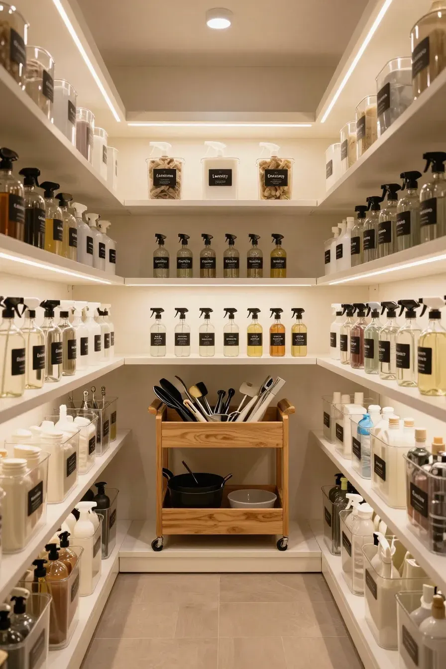 A beautifully organized cleaning pantry with matching glass bottles and clear storage bins.