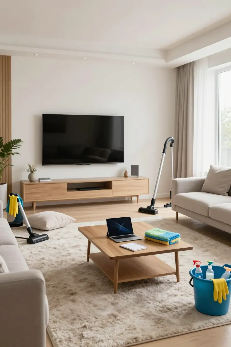 A living room prepared for cleaning with a tablet, notebook, and cleaning caddy on the table.