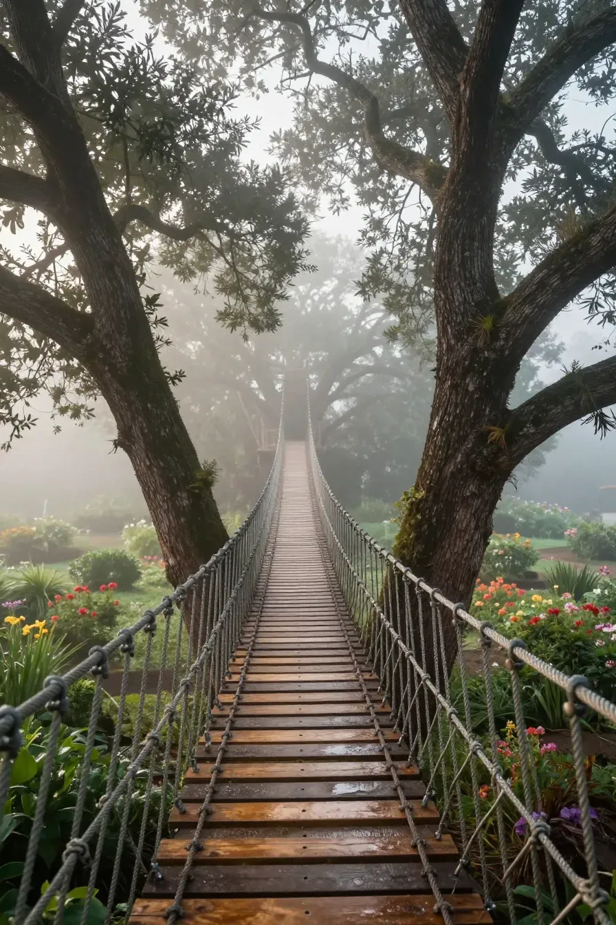 A wooden slat suspension bridge with rope handrails connecting two large elm trees over a garden.