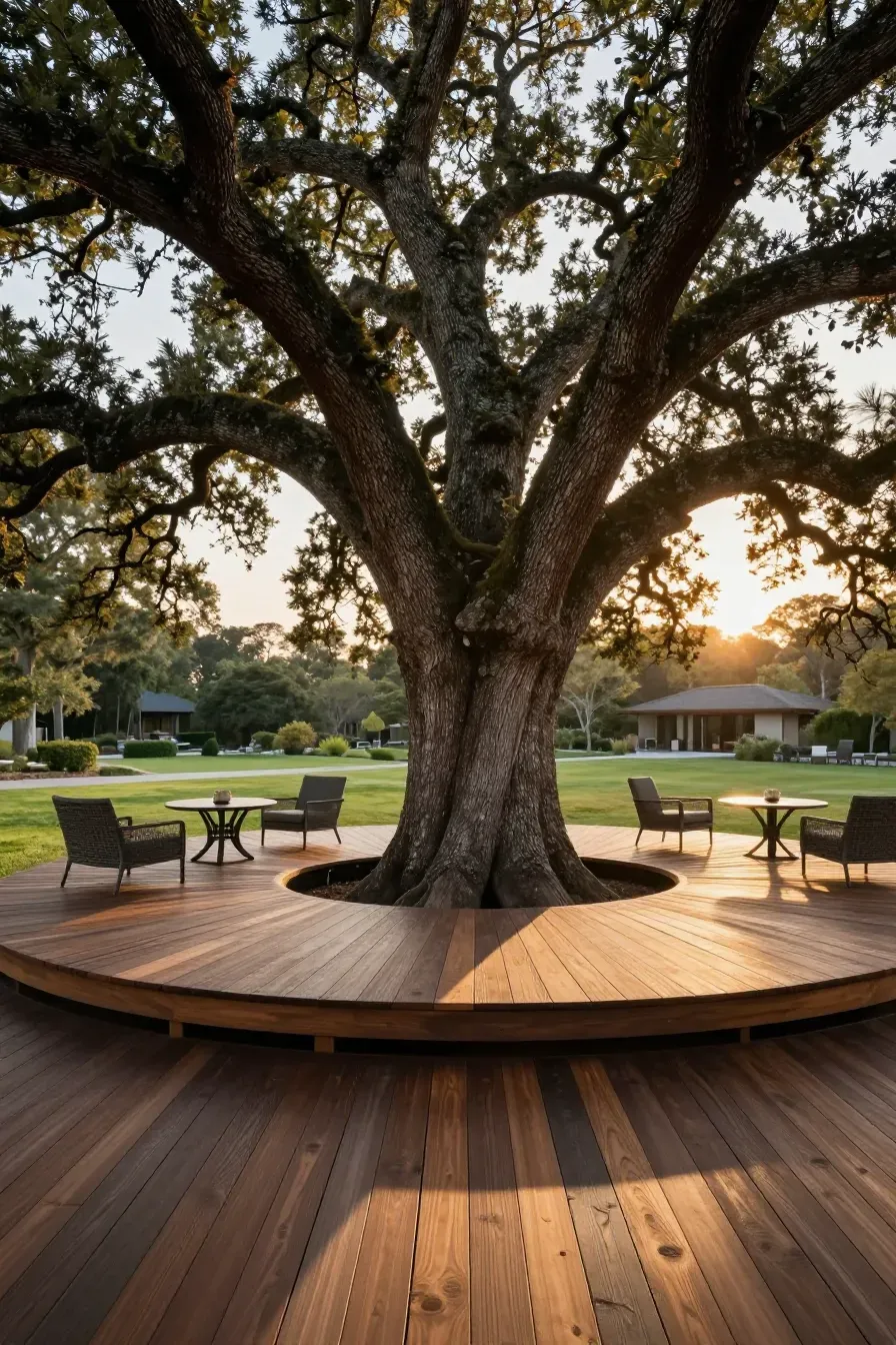 A luxury ipe wood deck encircling a large oak tree trunk with a visible growth gap and patio furniture.