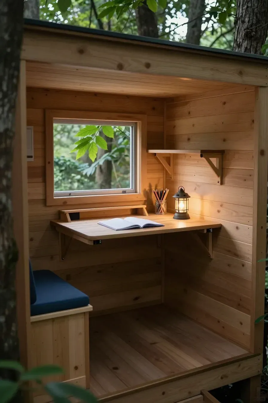 The interior of a small tree house featuring a space-saving fold-down wooden writing desk.
