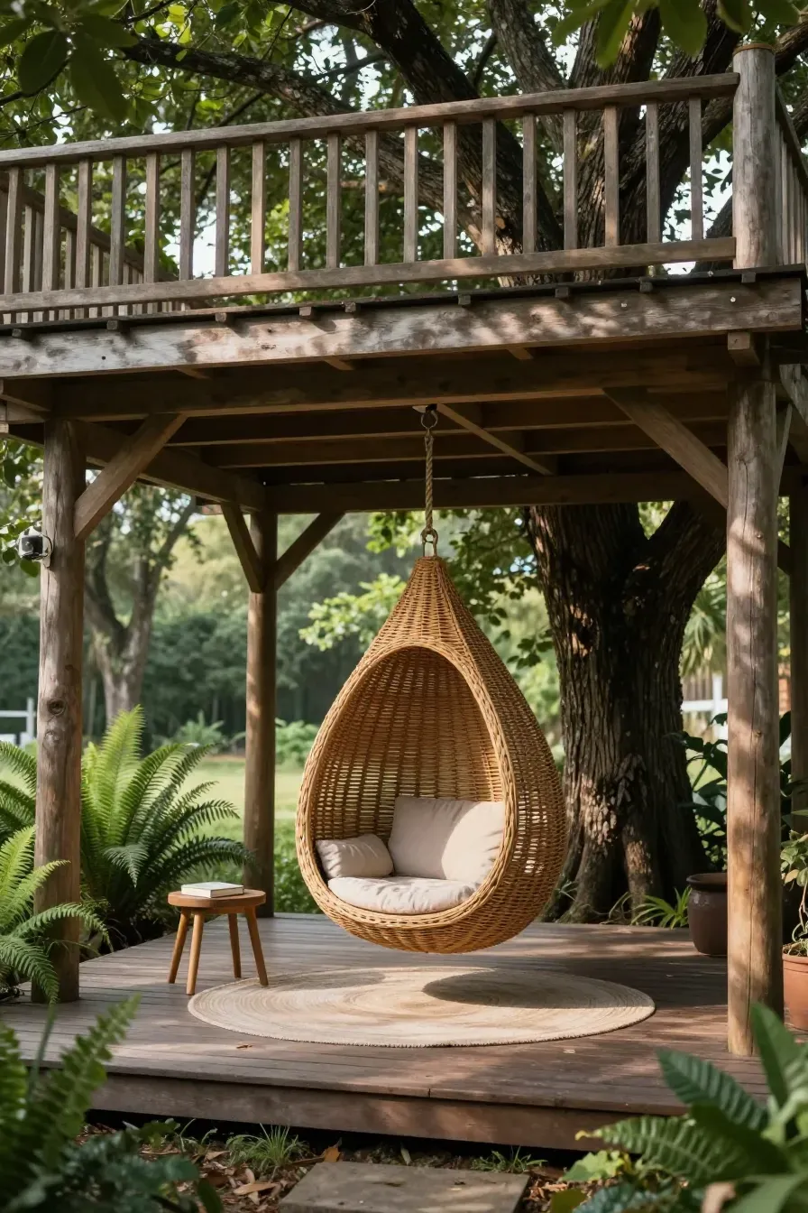 A woven teardrop pod chair hanging beneath the wooden deck of a large backyard treehouse.
