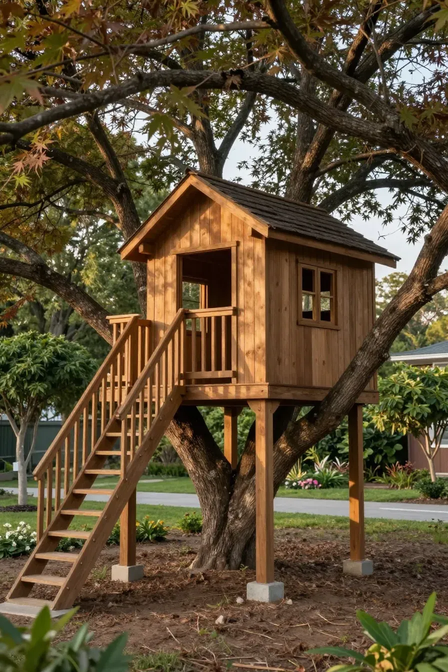 A wooden playhouse elevated on stilts and nestled among the branches of a backyard tree.