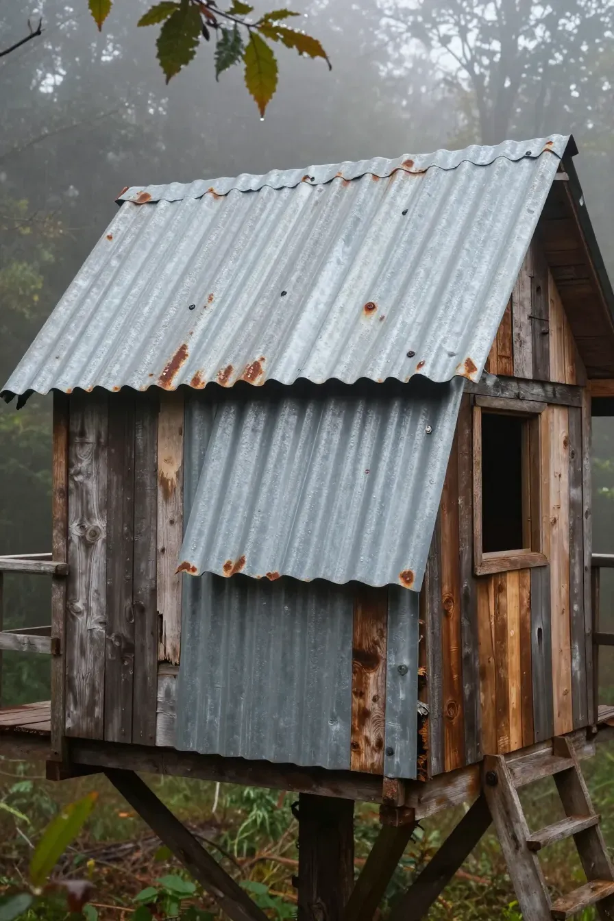 A rustic treehouse with a weathered corrugated tin roof and reclaimed wood walls in a misty forest.