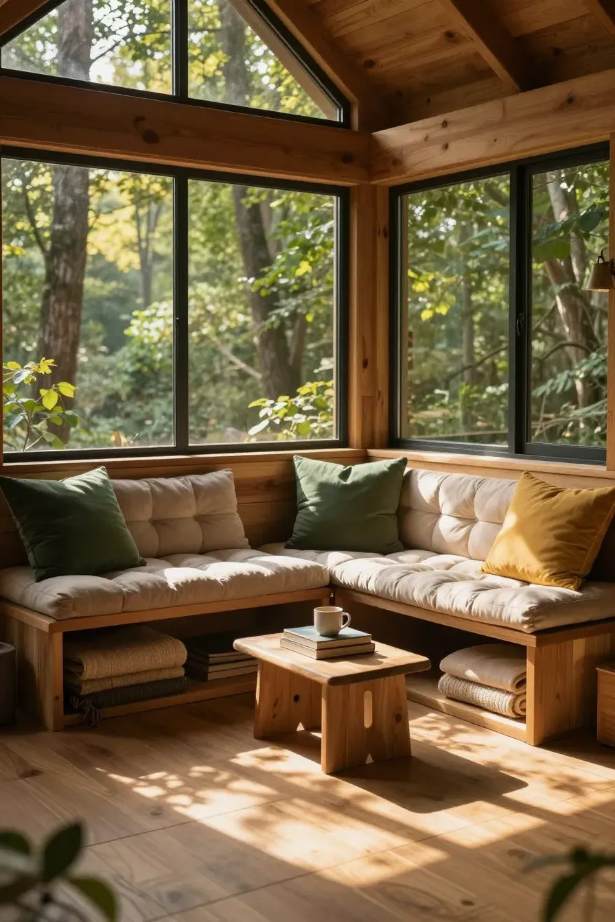 A cozy treehouse interior with built-in wooden benches, plush cushions, and large windows.