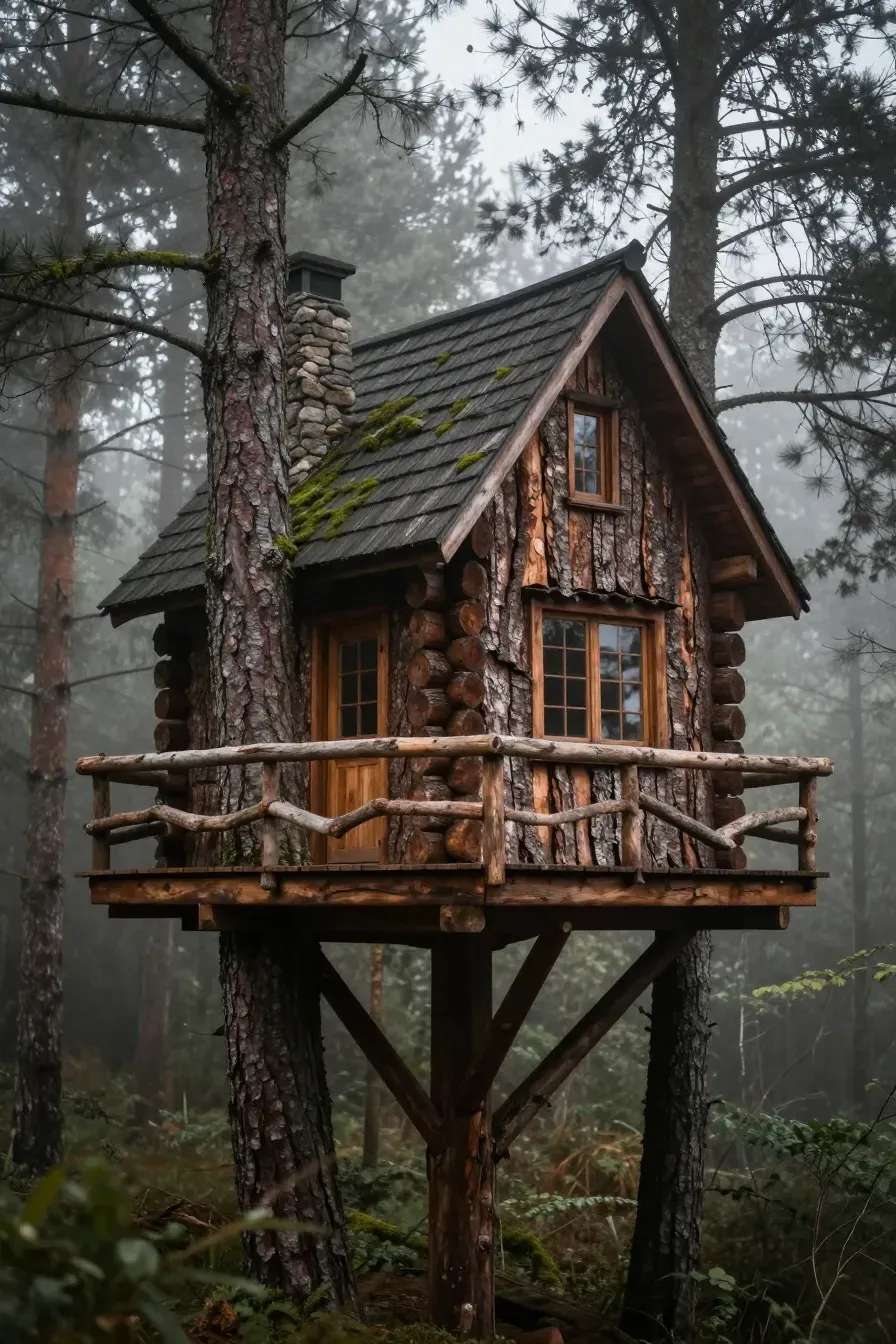 A rustic treehouse with natural bark siding blending into a misty forest environment.