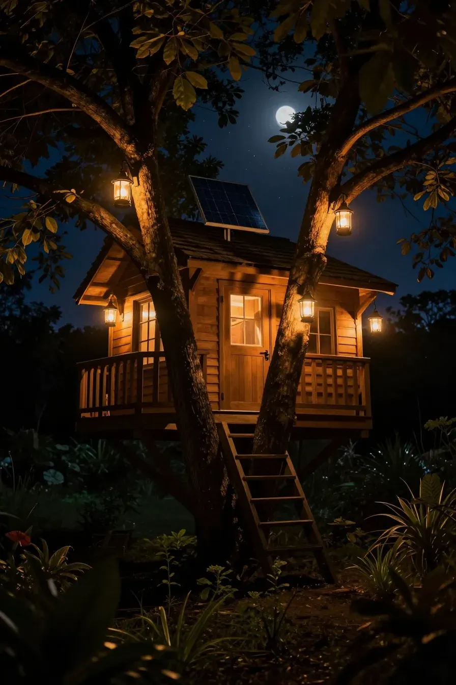 A treehouse at night illuminated by the warm glow of several solar-powered lanterns.