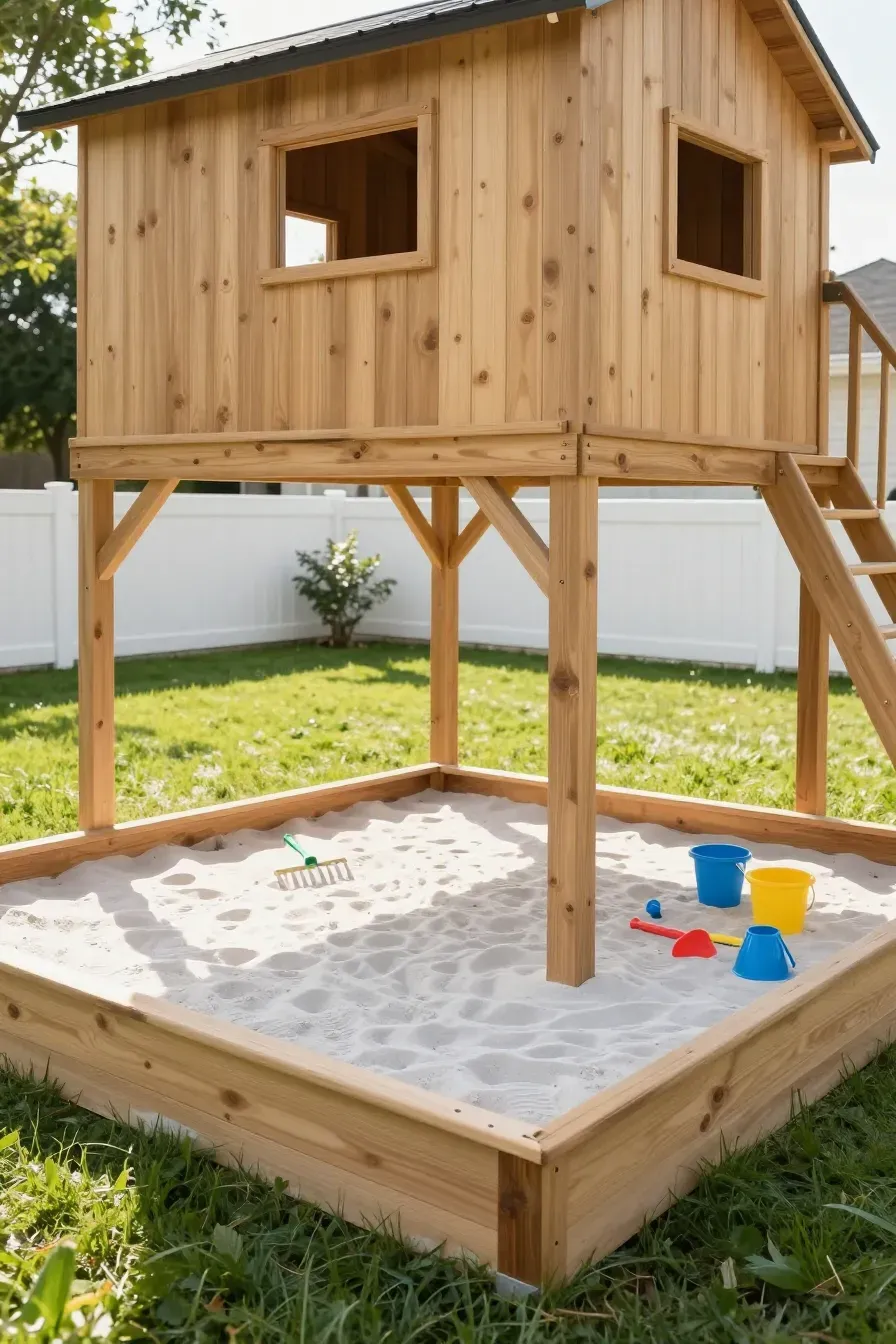 A small wooden treehouse on stilts with a shaded sandbox built directly underneath it.
