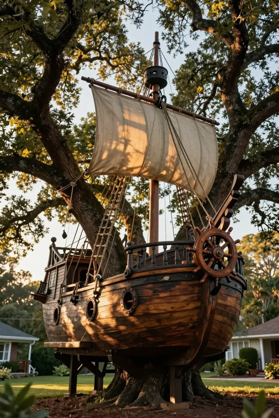 A pirate ship themed treehouse with a mast, sail, and wooden wheel in a large oak tree.