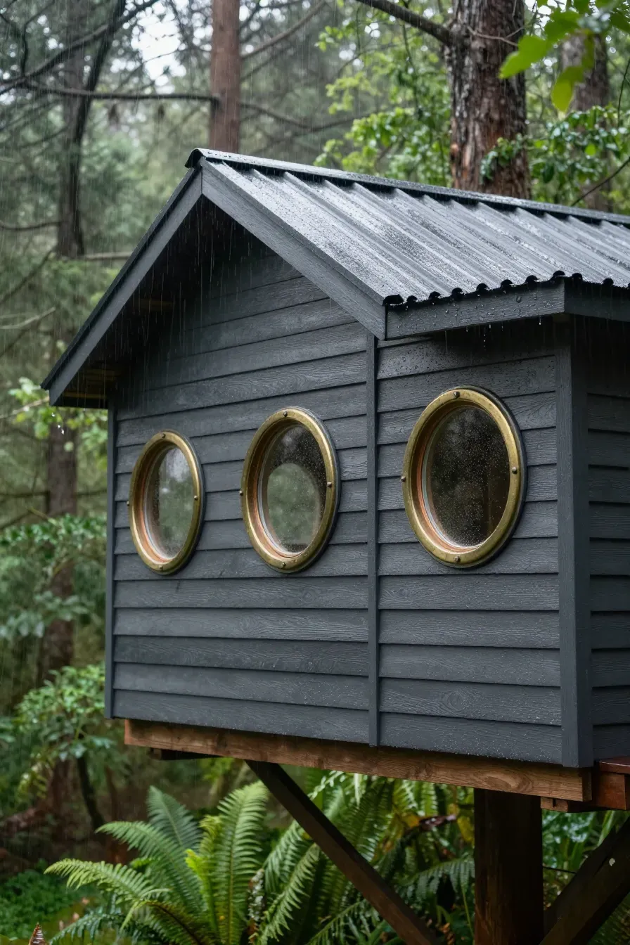 A slate-gray weatherproof treehouse with circular porthole windows in a rainy forest.