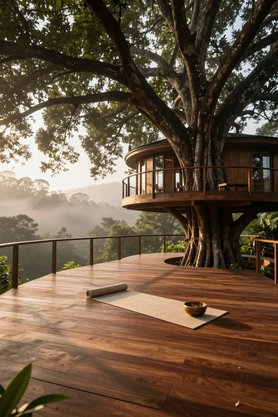 A minimalist open-air wooden yoga deck built around a large tree in a misty forest.