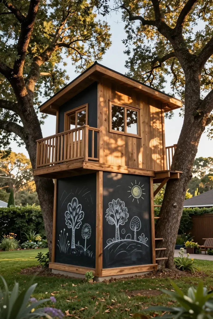 A modern wooden treehouse featuring a large exterior chalkboard wall with chalk drawings in a sunny backyard.