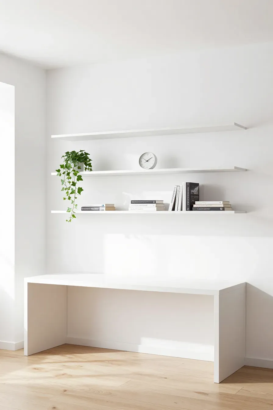White floating shelves mounted above a modern desk in a bright, minimalist small room.