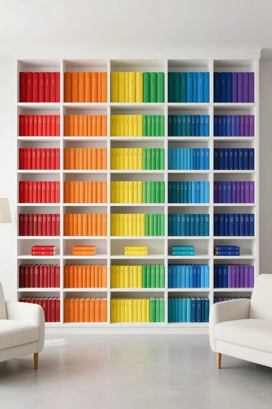 A large white bookshelf with books organized in a vibrant rainbow color gradient.