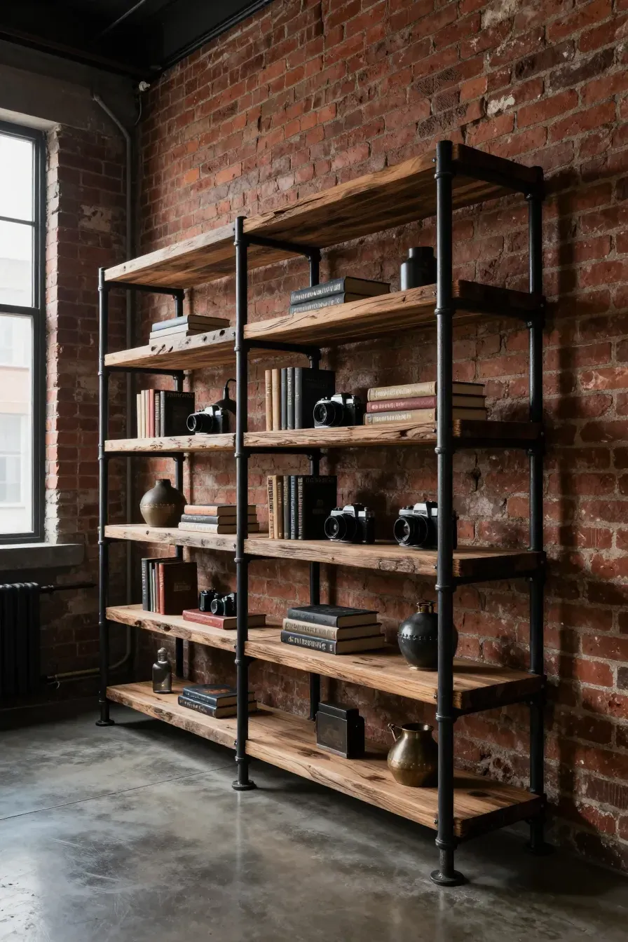 Industrial shelving made of black pipes and reclaimed wood against an exposed brick wall.