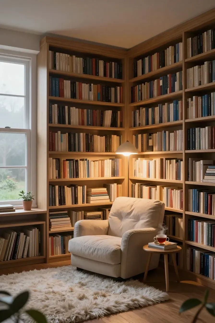 A cozy reading nook with bookshelves wrapping around a corner and a plush armchair.